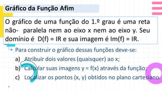 O gráfico de uma função do 1.º grau é uma reta
não- paralela nem ao eixo x nem ao eixo y. Seu
domínio é D(f) = IR e sua imagem é Im(f) = IR.
Para construir o gráfico dessas funções deve-se:
a) Atribuir dois valores (quaisquer) ao x;
b) Calcular suas imagens y = f(x) através da função;
c) Localizar os pontos (x, y) obtidos no plano cartesiano.
Gráfico da Função Afim
 