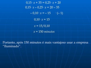 0,15· x + 35 = 0,25· x + 20
0,15· x – 0,25· x = 20 – 35
– 0,10· x = – 15 · (– 1)
0,10· x = 15
x = 15/0,10
x = 150 minutos
Portanto, após 150 minutos é mais vantajoso usar a empresa
“Iluminado”.
 