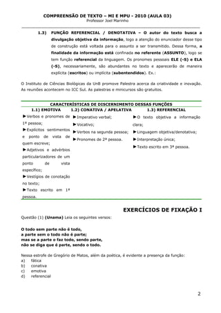 COMPREENSÃO DE TEXTO – MI E MPU - 2010 (AULA 03)
Professor Joel Marinho
_______________________________________________________________
1.3) FUNÇÃO REFERENCIAL / DENOTATIVA – O autor do texto busca a
divulgação objetiva da informação, logo a atenção do enunciador desse tipo
de construção está voltada para o assunto a ser transmitido. Dessa forma, a
finalidade da informação está confinada no referente (ASSUNTO), logo se
tem função referencial da linguagem. Os pronomes pessoais ELE (-S) e ELA
(-S), necessariamente, são abundantes no texto e aparecerão de maneira
explícita (escritos) ou implícita (subentendidos). Ex.:
O Instituto de Ciências Biológicas da UnB promove Palestra acerca da criatividade e inovação.
As reuniões acontecem no ICC Sul. As palestras e minicursos são gratuitos.
CARACTERÍSTICAS DE DISCERNIMENTO DESSAS FUNÇÕES
1.1) EMOTIVA 1.2) CONATIVA / APELATIVA 1.3) REFERENCIAL
►Verbos e pronomes de
1ª pessoa;
►Explícitos sentimentos
e ponto de vista de
quem escreve;
►Adjetivos e advérbios
particularizadores de um
ponto de vista
específico;
►Vestígios de conotação
no texto;
►Texto escrito em 1ª
pessoa.
►Imperativo verbal;
►Vocativo;
►Verbos na segunda pessoa;
►Pronomes de 2ª pessoa.
►O texto objetiva a informação
clara;
►Linguagem objetiva/denotativa;
►Interpretação única;
►Texto escrito em 3ª pessoa.
EXERCÍCIOS DE FIXAÇÃO I
Questão (1) (Unama) Leia os seguintes versos:
O todo sem parte não é todo,
a parte sem o todo não é parte;
mas se a parte o faz todo, sendo parte,
não se diga que é parte, sendo o todo.
Nessa estrofe de Gregório de Matos, além da poética, é evidente a presença da função:
a) fática
b) conativa
c) emotiva
d) referencial
2
 