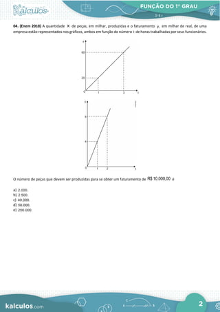 FUNÇÃO DO 1° GRAU
2
04. (Enem 2018) A quantidade x de peças, em milhar, produzidas e o faturamento y, em milhar de real, de uma
empresa estão representados nos gráficos, ambos em função do número t de horas trabalhadas por seus funcionários.
O número de peças que devem ser produzidas para se obter um faturamento de R$ 10.000,00 é
a) 2.000.
b) 2.500.
c) 40.000.
d) 50.000.
e) 200.000.
 