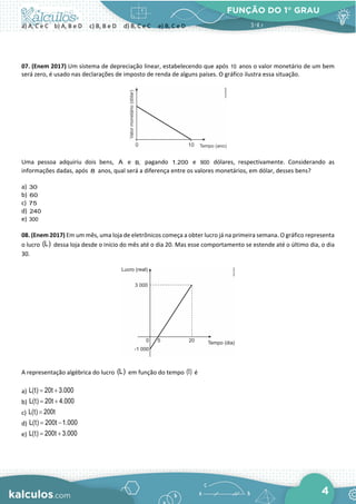 FUNÇÃO DO 1° GRAU
4
a) A, C e C b) A, B e D c) B, B e D d) B, C e C e) B, C e D
07. (Enem 2017) Um sistema de depreciação linear, estabelecendo que após 10 anos o valor monetário de um bem
será zero, é usado nas declarações de imposto de renda de alguns países. O gráfico ilustra essa situação.
Uma pessoa adquiriu dois bens, A e B, pagando 1.200 e 900 dólares, respectivamente. Considerando as
informações dadas, após 8 anos, qual será a diferença entre os valores monetários, em dólar, desses bens?
a) 30
b) 60
c) 75
d) 240
e) 300
08. (Enem 2017) Em um mês, uma loja de eletrônicos começa a obter lucro já na primeira semana. O gráfico representa
o lucro (L) dessa loja desde o início do mês até o dia 20. Mas esse comportamento se estende até o último dia, o dia
30.
A representação algébrica do lucro (L) em função do tempo (t) é
a) L(t) 20t 3.000
= +
b) L(t) 20t 4.000
= +
c) L(t) 200t
=
d) L(t) 200t 1.000
= −
e) L(t) 200t 3.000
= +
 