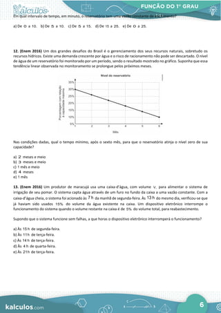FUNÇÃO DO 1° GRAU
6
Em qual intervalo de tempo, em minuto, o reservatório tem uma vazão constante de enchimento?
a) De 0 a 10. b) De 5 a 10. c) De 5 a 15. d) De 15 a 25. e) De 0 a 25.
12. (Enem 2016) Um dos grandes desafios do Brasil é o gerenciamento dos seus recursos naturais, sobretudo os
recursos hídricos. Existe uma demanda crescente por água e o risco de racionamento não pode ser descartado. O nível
de água de um reservatório foi monitorado por um período, sendo o resultado mostrado no gráfico. Suponha que essa
tendência linear observada no monitoramento se prolongue pelos próximos meses.
Nas condições dadas, qual o tempo mínimo, após o sexto mês, para que o reservatório atinja o nível zero de sua
capacidade?
a) 2 meses e meio
b) 3 meses e meio
c) 1 mês e meio
d) 4 meses
e) 1 mês
13. (Enem 2016) Um produtor de maracujá usa uma caixa-d’água, com volume V, para alimentar o sistema de
irrigação de seu pomar. O sistema capta água através de um furo no fundo da caixa a uma vazão constante. Com a
caixa-d’água cheia, o sistema foi acionado às 7 h da manhã de segunda-feira. Às 13 h do mesmo dia, verificou-se que
já haviam sido usados 15% do volume da água existente na caixa. Um dispositivo eletrônico interrompe o
funcionamento do sistema quando o volume restante na caixa é de 5% do volume total, para reabastecimento.
Supondo que o sistema funcione sem falhas, a que horas o dispositivo eletrônico interromperá o funcionamento?
a) Às 15 h de segunda-feira.
b) Às 11h de terça-feira.
c) Às 14 h de terça-feira.
d) Às 4 h de quarta-feira.
e) Às 21h de terça-feira.
 