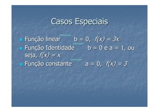 Casos Especiais

Função linear    b = 0, f(x) = 3x
Função Identidade     b = 0 e a = 1, ou
seja, f(x) = x
Função constante     a = 0, f(x) = 3
 