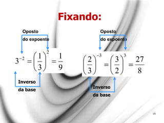 Fixando:
18
9
1
3
1
3
2
2









Inverso
da base
Oposto
do expoente
8
27
2
3
3
2
3
3















Inverso
da base
Oposto
do expoente
 