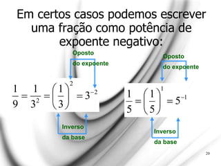 Em certos casos podemos escrever
uma fração como potência de
expoente negativo:
20
2
2
2
3
3
1
3
1
9
1 









Inverso
da base
Oposto
do expoente
1
1
5
5
1
5
1 








Inverso
da base
Oposto
do expoente
 
