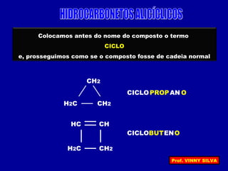 Colocamos antes do nome do composto o termo
CICLO
e, prosseguimos como se o composto fosse de cadeia normal
HC CH
H2C CH2
CH2
H2C CH2
OANPROPCICLO
OENBUTCICLO
Prof. VINNY SILVA
 