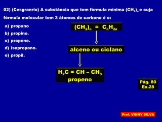 Pág. 80
Ex.28
02) (Cesgranrio) A substância que tem fórmula mínima (CH2)n e cuja
fórmula molecular tem 3 átomos de carbono é o:
a) propano
b) propino.
c) propeno.
d) isopropano.
e) propil.
(CH2)n = CnH2n
alceno ou ciclano
H2C = CH – CH3
propeno
Prof. VINNY SILVA
 