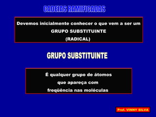 Devemos inicialmente conhecer o que vem a ser um
GRUPO SUBSTITUINTE
(RADICAL)
É qualquer grupo de átomos
que apareça com
freqüência nas moléculas
Prof. VINNY SILVA
 