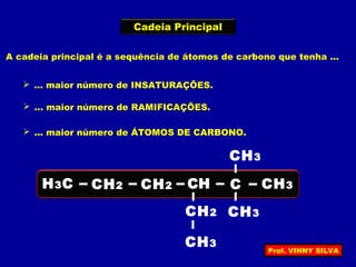 Cadeia Principal
A cadeia principal é a sequência de átomos de carbono que tenha ...
 ... maior número de INSATURAÇÕES.
 ... maior número de RAMIFICAÇÕES.
 ... maior número de ÁTOMOS DE CARBONO.
H3C CH2 C CH3CH2
CH2
CH3
CH3
CH3
CH
Prof. VINNY SILVA
 