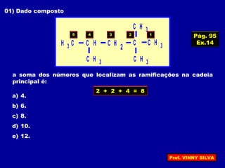 01) Dado composto
C H 3C C
C H 3
CCH 3 H
2
H
C H 3
C H 3
a soma dos números que localizam as ramificações na cadeia
principal é:
a) 4.
b) 6.
c) 8.
d) 10.
e) 12.
5 4 3 2 1
2 + 2 + 4 = 8
Pág. 95
Ex.14
Prof. VINNY SILVA
 