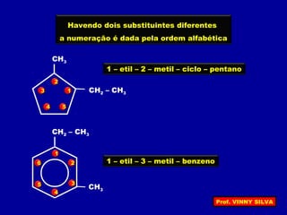 1 – etil – 2 – metil – ciclo – pentano
1 – etil – 3 – metil – benzeno
CH3
CH2 – CH3
Havendo dois substituintes diferentes
a numeração é dada pela ordem alfabética
CH3
CH2 – CH3
1
2
3
4 5
1
2
3
4
5
6
Prof. VINNY SILVA
 