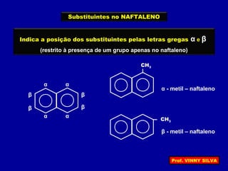 Substituintes no NAFTALENO
α
β
α
β
α
β
α
β
CH3
α - metil – naftaleno
CH3
β - metil – naftaleno
Indica a posição dos substituintes pelas letras gregas α e β
(restrito à presença de um grupo apenas no naftaleno)
Prof. VINNY SILVA
 