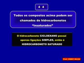 Todos os compostos acima podem ser
chamados de hidrocarbonetos
“insaturados”
4 4
O hidrocarboneto CICLOEXANO possui
apenas ligações SIMPLES, então é
HIDROCARBONETO SATURADO
Prof. VINNY SILVA
 