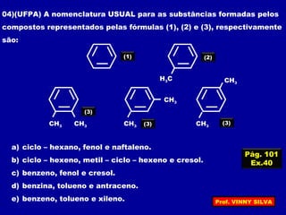 Pág. 101
Ex.40
04)(UFPA) A nomenclatura USUAL para as substâncias formadas pelos
compostos representados pelas fórmulas (1), (2) e (3), respectivamente
são:
a) ciclo – hexano, fenol e naftaleno.
b) ciclo – hexeno, metil – ciclo – hexeno e cresol.
c) benzeno, fenol e cresol.
d) benzina, tolueno e antraceno.
e) benzeno, tolueno e xileno.
CH3
CH3
CH3
CH3CH3 CH3
(3)
(3) (3)
H3C
(1) (2)
Prof. VINNY SILVA
 