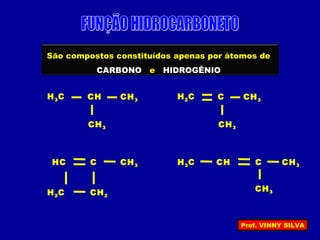 Prof. VINNY SILVA
São compostos constituídos apenas por átomos de
CARBONO e HIDROGÊNIO
H3C CH3
CH3
CH H2C CH3
CH3
C
CH3
H3C C CH3CHHC
H2C
C
CH2
CH3
 