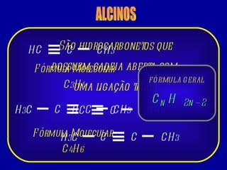 ALCINOS São hidrocarbonetos que possuem cadeia aberta com  uma ligação tripla HC CH 3 C C CH 3 C H 3 C Fórmula Molecular C 3 H 4 Fórmula Molecular C 4 H 6 HC CH 3 C C CH 3 C H 3 C FÓRMULA GERAL C  H n 2n – 2 