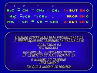 H 2 C CH CH 3 PROP EN O H 2 C CH CH 2 CH 3 BUT EN O H 3 C CH CH CH 3 BUT EN O Quando existir mais uma possibilidade de localização da insaturação, deveremos indicar  o número do carbono  em que a mesma se localiza A numeração dos carbonos da cadeia deve ser iniciada  da extremidade mais próxima da insaturação 1 2 3 4 1- 1 2 3 4 2- 