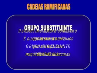CADEIAS RAMIFICADAS Devemos inicialmente conhecer o  que vem a ser um  GRUPO SUBSTITUINTE (RADICAL)  É qualquer grupo de átomos que apareça com  freqüência nas moléculas  GRUPO SUBSTITUINTE 