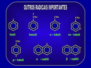 OUTROS RADICAIS IMPORTANTES CH 2 CH 3 CH 3 – – CH 3 fenil benzil o - toluil m - toluil p - toluil - naftil –    - naftil    