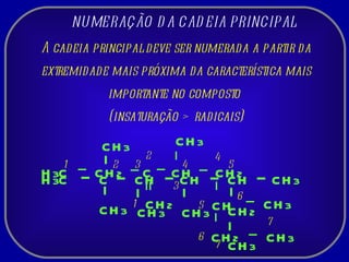 NUMERAÇÃO DA CADEIA PRINCIPAL A cadeia principal deve ser numerada a partir da extremidade mais próxima da característica mais importante no composto  (insaturação > radicais) H 3 C CH 2 C CH CH 3 CH CH 3 CH CH 3 CH 3 CH 3 CH 3 1 3 5 6 7 2 4 H 3 C CH 2 CH 2 CH 2 C CH CH CH 3 CH 2 CH 3 CH 3 1 3 5 6 7 2 4 
