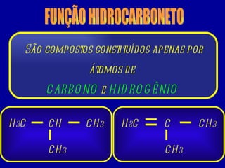 FUNÇÃO HIDROCARBONETO São compostos constituídos apenas por átomos de  CARBONO  e  HIDROGÊNIO  H 3 C CH 3 CH 3 CH H 2 C CH 3 CH 3 C 