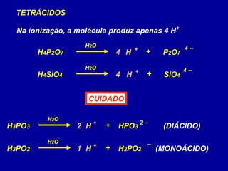 H4P2O7 P2O7H + 4 –
+
H2O
TETRÁCIDOS
Na ionização, a molécula produz apenas 4 H
H4SiO4 SiO4H +
+
H2O
+
4 –
4
4
CUIDADO
H3PO3 HPO3H + 2 –
+
H2O
2
H3PO2 H2PO2H + –
+
H2O
1
(DIÁCIDO)
(MONOÁCIDO)
 