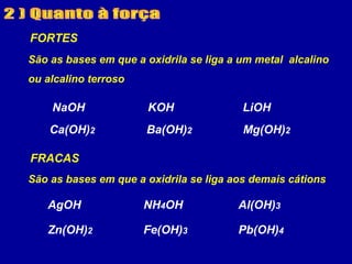 FORTES
São as bases em que a oxidrila se liga a um metal alcalino
ou alcalino terroso
NaOH
Ca(OH)2 Ba(OH)2 Mg(OH)2
KOH LiOH
FRACAS
AgOH NH4OH Al(OH)3
Zn(OH)2 Fe(OH)3 Pb(OH)4
São as bases em que a oxidrila se liga aos demais cátions
 