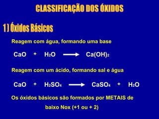 Reagem com água, formando uma base
CaO + H2O Ca(OH)2
Reagem com um ácido, formando sal e água
CaO + H2SO4 CaSO4 + H2O
Os óxidos básicos são formados por METAIS de
baixo Nox (+1 ou + 2)
 