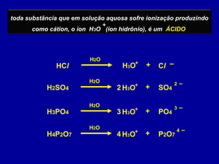 toda substância que em solução aquosa sofre ionização produzindo
como cátion, o íon H3O (íon hidrônio), é um ÁCIDO
+
HCl
H2SO4
Cl
2
+ –+
H2O
2 –
+
H2O
SO4
H3PO4 3
3 –
+
H2O
PO4
H4P2O7 4
4 –
+
H2O
P2O7
H3O
+
H3O
+
H3O
+
H3O
 
