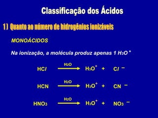 HCl Cl –+
H2O
MONOÁCIDOS
Na ionização, a molécula produz apenas 1 H3O
HCN CN –+
H2O
HNO3 NO3
–+
H2O
+
H3O
+
H3O
+
H3O
+
 