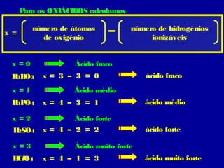 Para os OXIÁCIDOS calculamos
x
número de átomos
de oxigênio
=
número de hidrogênios
ionizáveis
x = 0 Ácido fraco
x = 1 Ácido médio
x = 2 Ácido forte
x = 3 Ácido muito forte
H3BO3 x = 3 – 3 = 0 ácido fraco
H3PO4 x = 4 – 3 = 1 ácido médio
H2SO4 x = 4 – 2 = 2 ácido forte
x = 4 – 1 = 3 ácido muito forteHClO4
 
