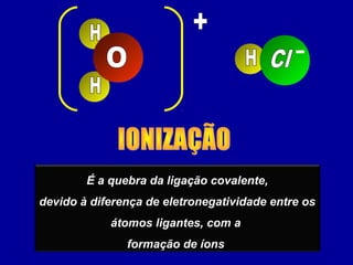 É a quebra da ligação covalente,
devido à diferença de eletronegatividade entre os
átomos ligantes, com a
formação de íons
 