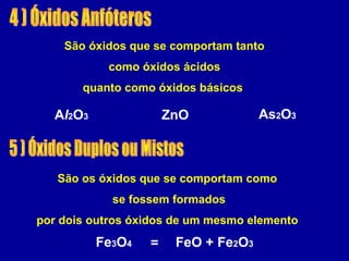 São óxidos que se comportam tanto
como óxidos ácidos
quanto como óxidos básicos
ZnOAl2O3 As2O3
São os óxidos que se comportam como
se fossem formados
por dois outros óxidos de um mesmo elemento
FeO + Fe2O3Fe3O4 =
 