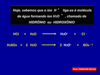 Hoje, sabemos que o íon H liga-se à molécula
de água formando íon H3O , chamado de
HIDRÔNIO ou HIDROXÔNIO
++
++
HCl Cl –
H3O+
+H2O+
H2SO4 2 + SO4 – 2
H2O+ H3O+
2
Prof. VINICIUS SILVA
 
