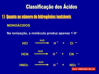 HCl ClH + –+
H2O
MONOÁCIDOS
Na ionização, a molécula produz apenas 1 H+
HCN CNH + –+
H2O
HNO3 NO3H + –+
H2O
Prof. VINICIUS SILVA
 