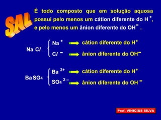 É todo composto que em solução aquosa
possui pelo menos um cátion diferente do H ,
e pelo menos um ânion diferente do OH .
+
Na Cl
BaSO4
SO4
Ba
+
Na
Cl
cátion diferente do H+
ânion diferente do OH
2+ cátion diferente do H+
ânion diferente do OH
2 –
Prof. VINICIUS SILVA
 