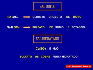 BrClBa
NaK SO4
Cu . 5SO4 H2O
CLORETO BROMETO
SULFATO
DE BÁRIO
POTÁSSIODE SÓDIO E
SULFATO PENTA HIDRATADODE COBRE
Prof. Agamenon Roberto
 