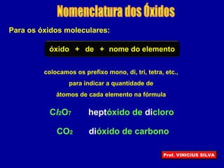 Para os óxidos moleculares:
colocamos os prefixo mono, di, tri, tetra, etc.,
para indicar a quantidade de
átomos de cada elemento na fórmula
óxido + +de nome do elemento
Cl2O7 heptóxido de dicloro
CO2 dióxido de carbono
Prof. VINICIUS SILVA
 