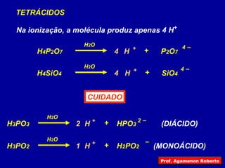 H 4 P 2 O 7 P 2 O 7 H + 4   – + H 2 O TETRÁCIDOS Na ionização, a molécula produz apenas 4 H H 4 SiO 4 SiO 4 H + + H 2 O + 4   – 4 4 CUIDADO H 3 PO 3 HPO 3 H + 2   – + H 2 O 2 H 3 PO 2 H 2 PO 2 H + – + H 2 O 1 (DIÁCIDO) (MONOÁCIDO) Prof. Agamenon Roberto 