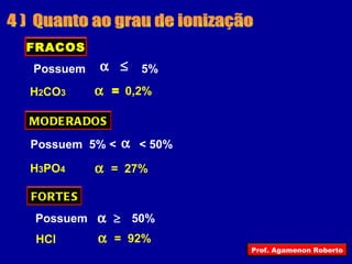 4 )  Quanto ao grau de ionização  Possuem  5%      =  0,2% H 2 CO 3 Possuem  5% <  < 50%     =  27% H 3 PO 4 Possuem        50%    =  92% HCl FRACOS MODERADOS FORTES Prof. Agamenon Roberto 