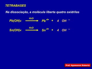 TETRABASES 4 Pb(OH) 4 Pb 4+ – + H 2 O OH 4 Sn(OH) 4 Sn 4+ – + H 2 O OH Na dissociação, a molécula liberta quatro oxidrilas Prof. Agamenon Roberto 