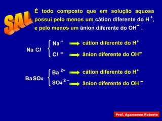 SAL É todo composto que em solução aquosa possui pelo menos um  cátion diferente do H  , e pelo menos um  ânion diferente do OH  .  + Na C l Ba SO 4 SO 4 Ba + Na C l cátion diferente do H + ânion diferente do OH 2+ cátion diferente do H + ânion diferente do OH 2 – Prof. Agamenon Roberto 