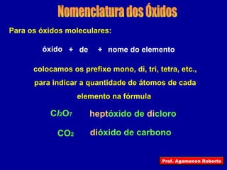 Nomenclatura dos Óxidos Para os óxidos moleculares: óxido colocamos os prefixo mono, di, tri, tetra, etc., para indicar a quantidade de átomos de cada elemento na fórmula   + + de nome do elemento CO 2 C l 2 O 7 hept óxido de  di cloro di óxido de carbono Prof. Agamenon Roberto 