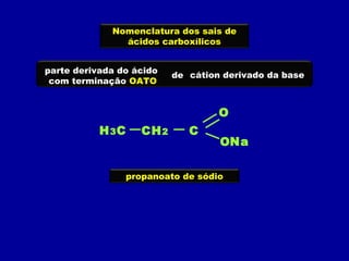 Nomenclatura dos sais de
ácidos carboxílicos
cátion derivado da base
parte derivada do ácido
com terminação OATO
de
H3C C
O
O
CH2
Na
propanoato de sódio
 