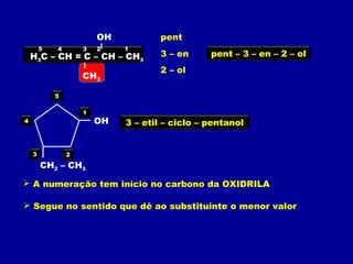 H3C – CH = C – CH – CH3
CH3
OH
12345
pent
3 – en
2 – ol
pent – 3 – en – 2 – ol
OH
CH2 – CH3
1
23
4
5
 A numeração tem início no carbono da OXIDRILA
 Segue no sentido que dê ao substituinte o menor valor
3 – etil – ciclo – pentanol
 