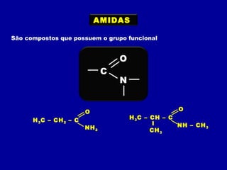 AMIDAS
São compostos que possuem o grupo funcional
N
C
O
NH2
H3C – CH2 – C
O
I
CH3
NH – CH3
H3C – CH – C
O
 