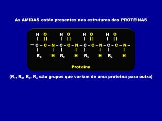 As AMIDAS estão presentes nas estruturas das PROTEÍNAS
C – C – N – C – C – N – C – C – N – C – C – N –
R1 R2 R4R3H
O O O O
H H H
H H H H
Proteína
(R1, R2, R3, R4 são grupos que variam de uma proteína para outra)
 