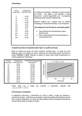 3) Resultados



               Tempo       Temperatura
             (segundos)   Experiência (°
                                       C)    As medidas de temperatura realizadas ao longo do tempo,
                                             nos fornece uma tabela a qual relaciona o tempo
                 0             22,98         transcorrido ( variável dependente) com a temperatura
                30             26,52         medida pelo sensor (variável independente)
                60             31,26
                                             Podemos observar que a relação entre as variáveis
                90             35,88
                                             Tempo(seg.) e Temperatura(°Celsius) é uma função pois :
                120            40,62
                150            45,36             Uma relação de A em B é dita ser uma função quando:
                180             50,1
                210            54,96               •     Todo elemento de A está associado a algum
                240            59,46                     elemento de B.
                270            63,72               •     Para um dado elemento de A está associado um
                300            67,98                     único elemento de B.




         4) Ajuste de pontos de Temperatura (item Tópico 1) e gráfico da função

         Dado um conjunto de pontos num plano cartesiano, podemos fazer um ajuste de curvas
         definindo, assim, uma função que mais se aproxima dos mesmos.Este ajuste nos fornece a
         função T=0,1533*t + 22.35. Inserindo os valores do tempo nesta função encontraremos os
         valores ajustados da Temperatura.

  Tempo       Temperatura      Temperatura(° Ajustada
                                           C)
(segundos)   Experiência (°
                          C)       pela função T                                                    T = 0.1533*t + 22.35
                                                                                      80
      0          22.98                  22.35                                         70
                                                               Temperaura (Celsius)




     30          26.52                 26.949                                         60
     60          31.26                 31.548                                         50
     90          35.88                 36.147                                         40
    120          40.62                 40.746                                         30
    150          45.36                 45.345                                         20
    180           50.1                 49.944                                         10
    210          54.96                 54.543                                          0
    240          59.46                 59.142                                              0            100           200            300
    270          63.72                 63.741
                                                                                                              Tempo (seg)
    300          67.98                  68.34


         Temos então que a              função     que     descreve                            o   experimento    realizado   será
          f (t ) = 0.1533 * t + 22.35

         5) Conclusões e comentários

         A experiência proporciona o entendimento de como é obtida a função que descreve o
         aquecimento da água. Verificamos ser necessário o ajuste das medidas de temperatura, através
         de um processo matemático, em virtude dos dados obtidos sofrerem variações provenientes de
         diversos fatores alheios à vontade do usuário.
 