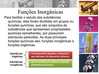 Funções Inorgânicas
Para facilitar o estudo das substâncias
químicas, elas foram divididas em grupos ou
funções químicas, ...