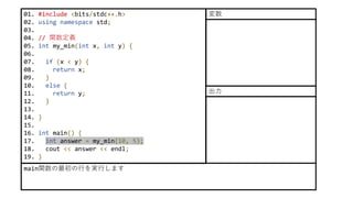 01. #include <bits/stdc++.h>
02. using namespace std;
03.
04. // 関数定義
05. int my_min(int x, int y) {
06.
07. if (x < y) {
08. return x;
09. }
10. else {
11. return y;
12. }
13.
14. }
15.
16. int main() {
17. int answer = my_min(10, 5);
18. cout << answer << endl;
19. }
main関数の最初の行を実行します
変数
出力
 